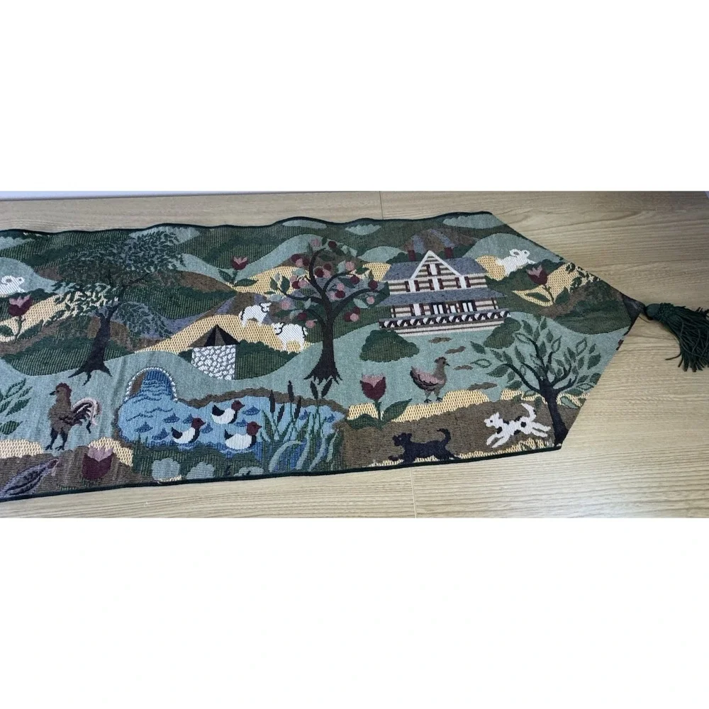 Green Tapestry Table Runner Fringed Tasseled Farm Life Animals Country 3 Pc